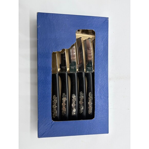 Vintage Steak Knives Set of 6 Black Scroll Crown Handles Stainless Japan - Picture 2 of 7